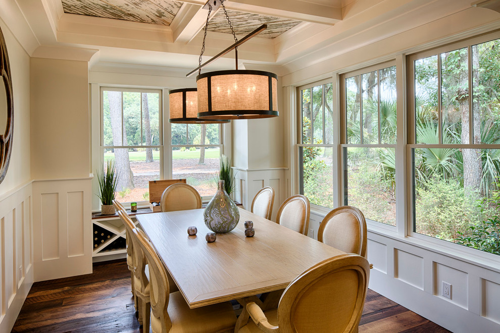 Photo of a country dining room in San Francisco with beige walls, dark hardwood floors and no fireplace.