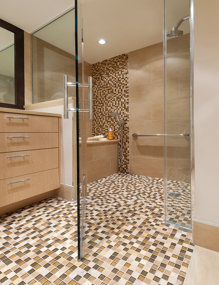 Design ideas for a contemporary bathroom in DC Metro with mosaic tile.