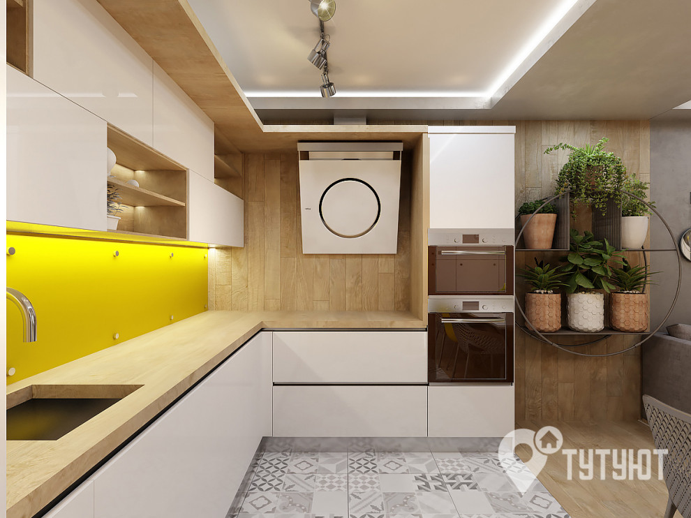 Кухня-гостиная в стиле лофт с желтым акцентом