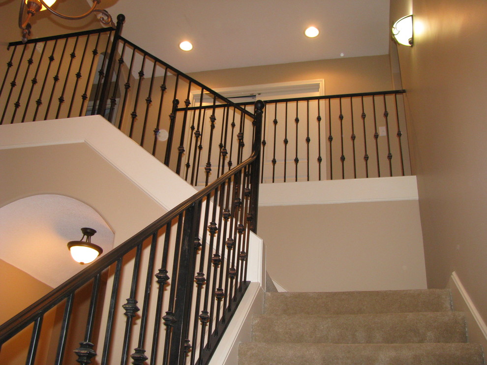Photo of a mid-sized traditional carpeted l-shaped staircase in Other with metal risers.