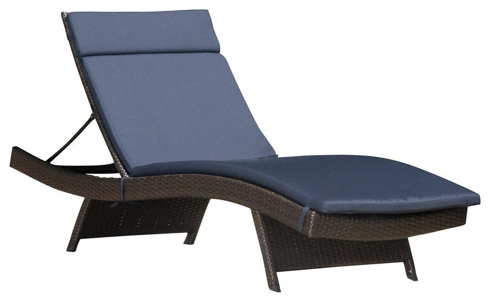 GDF Studio Lakeport Outdoor Wicker Adjustable Chaise Lounge With Navy Cushion Tropical