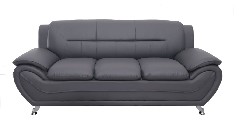 Modern Minimalist Sofa, Bonded Leather Seat With Padded Pillowed Arms, Gray