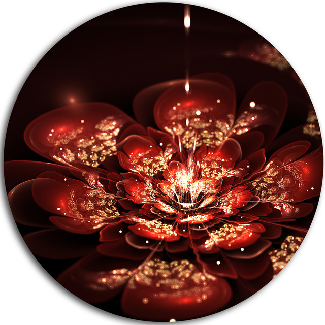 Red Flowers In Fractal Pattern Floral Large Disc Metal Wall Art