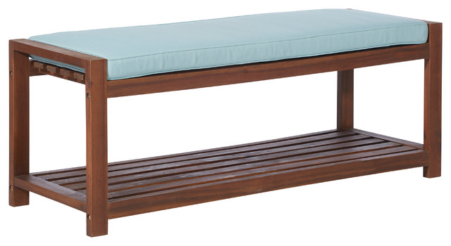 48" Patio Wood Bench with Cushion, Dark Brown/Blue