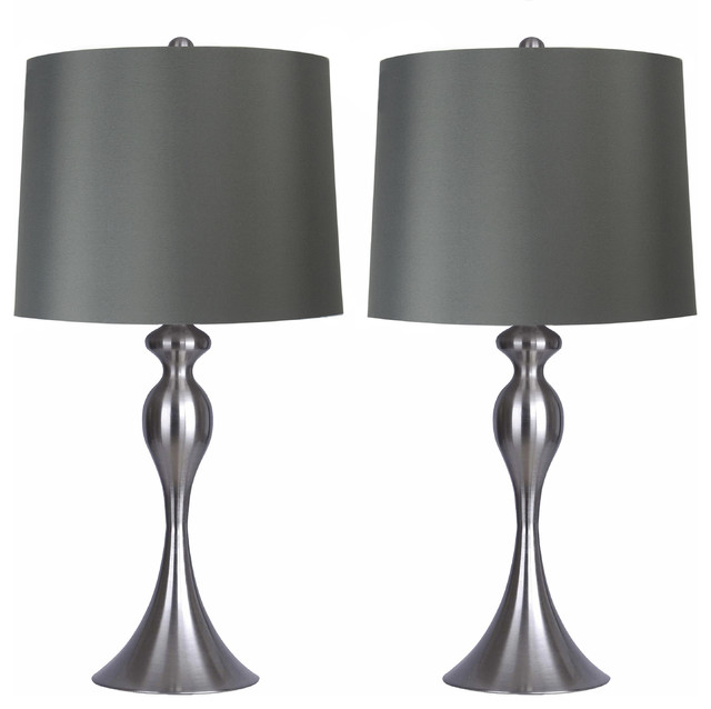 29.75 Brushed Nickel Table Lamp Set w/ White Linen Shades 