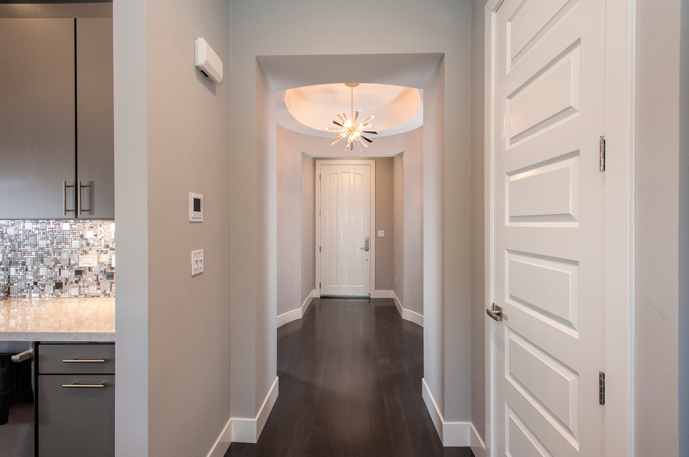 This is an example of a mid-sized modern foyer in San Francisco with grey walls, dark hardwood floors, a single front door and a white front door.
