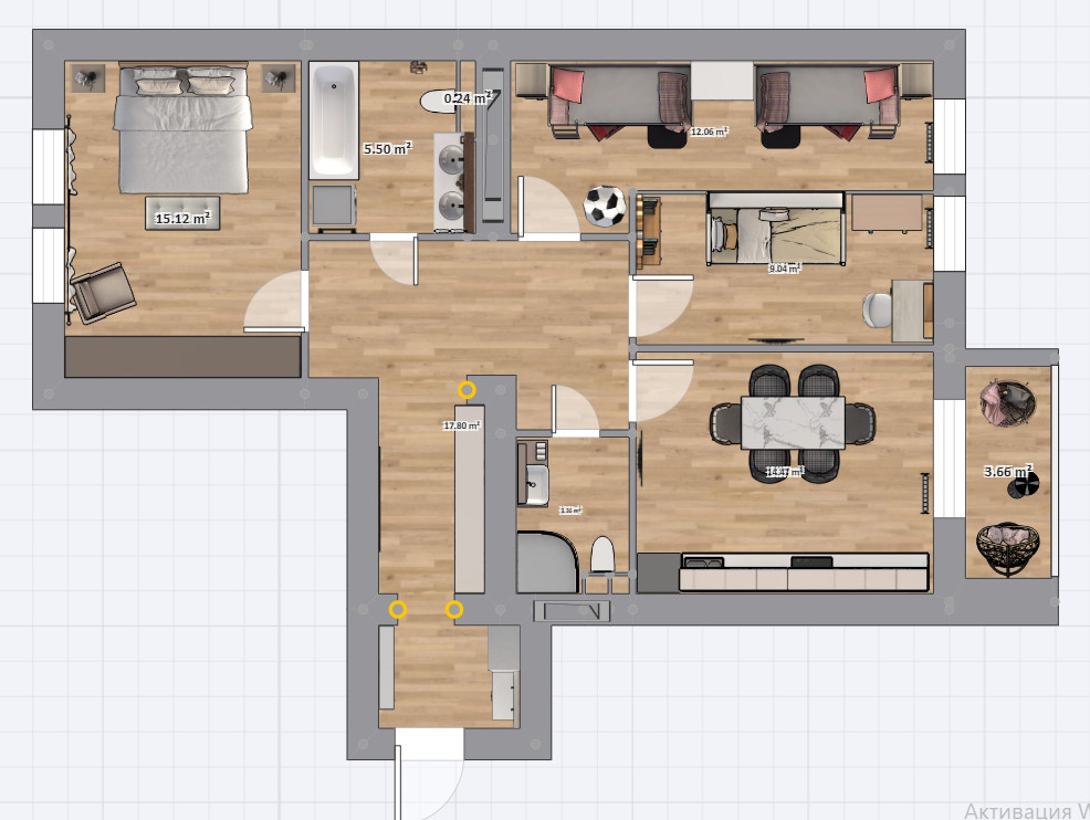 Проект 2-х комнатная квартира 81 м2 для семьи с тремя детьми. Стиль современный