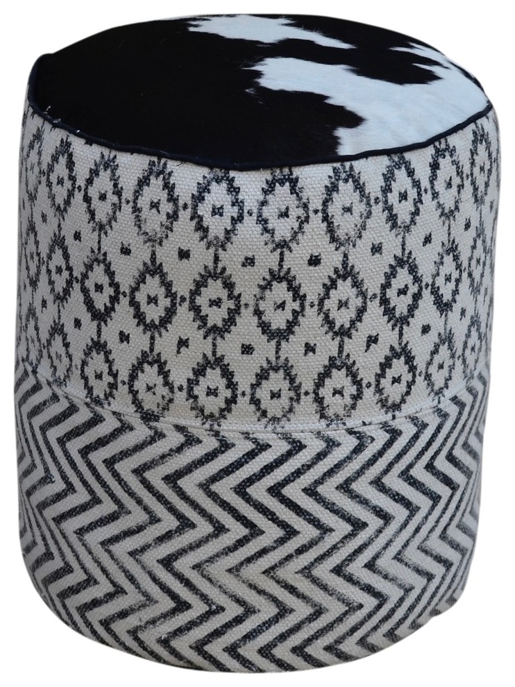 Black and White Patterned Round Pouf, UMA, With Cowhide Top
