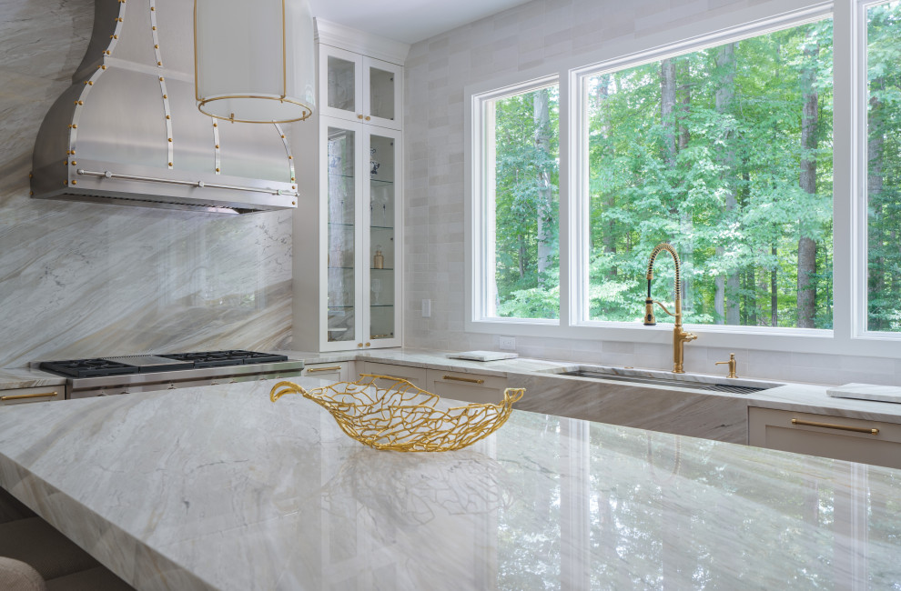 Transitional Kitchen Remodel with Quartzite Island and Brass Details ...
