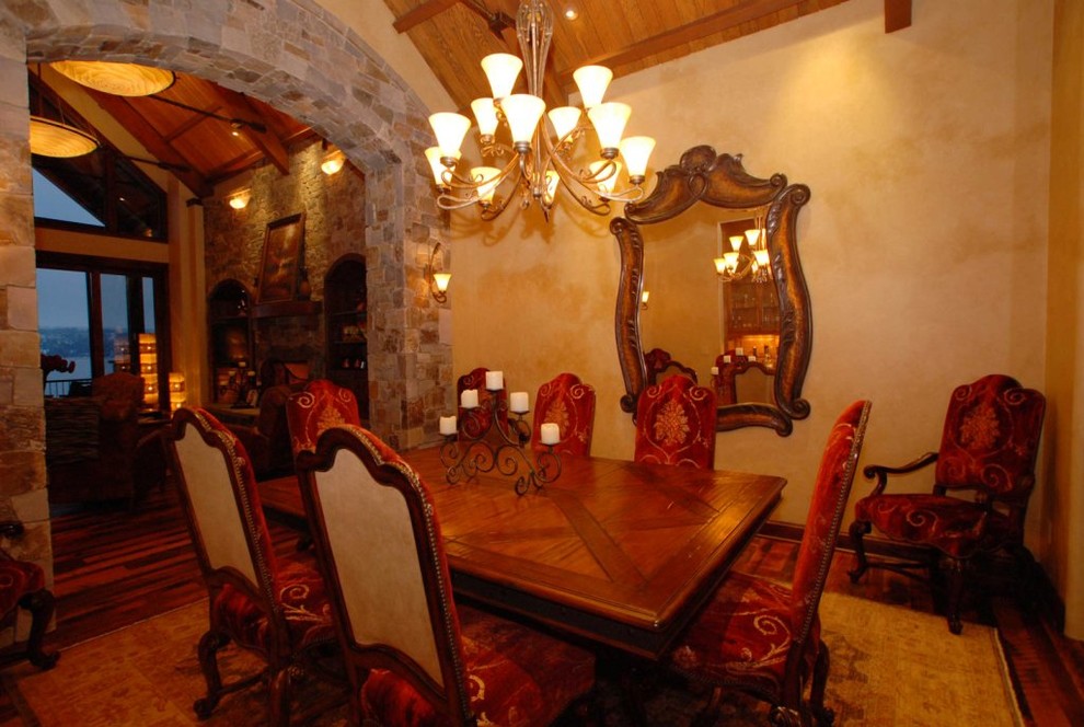 Inspiration for a mid-sized medium tone wood floor great room remodel in Seattle with beige walls