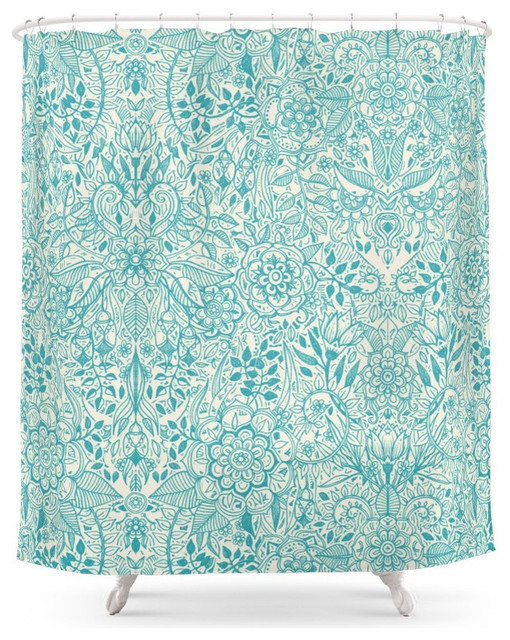 Detailed Floral Pattern In Teal And Cream Shower Curtain