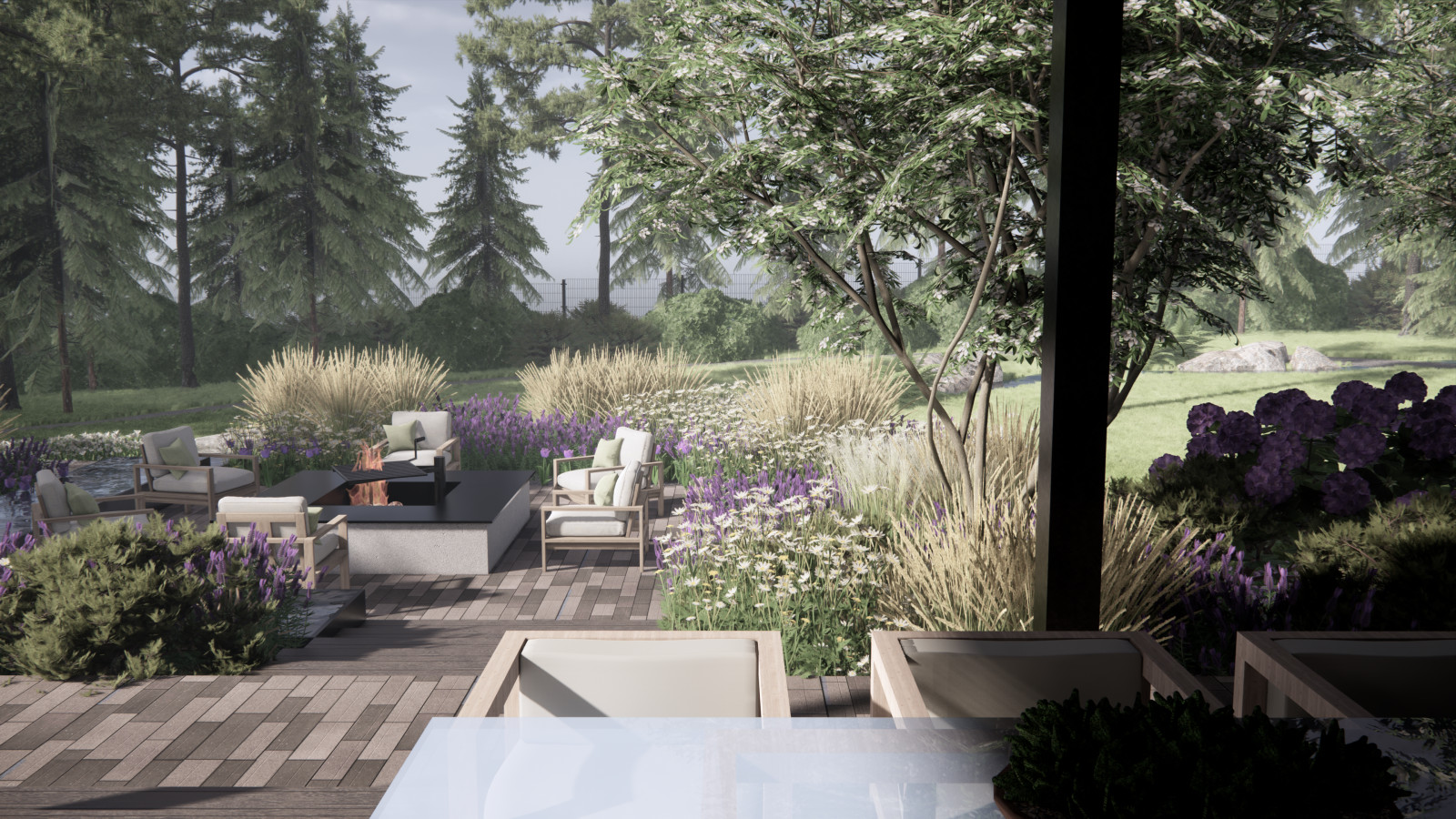 Вид с террасы дома на зону отдыха с очагом