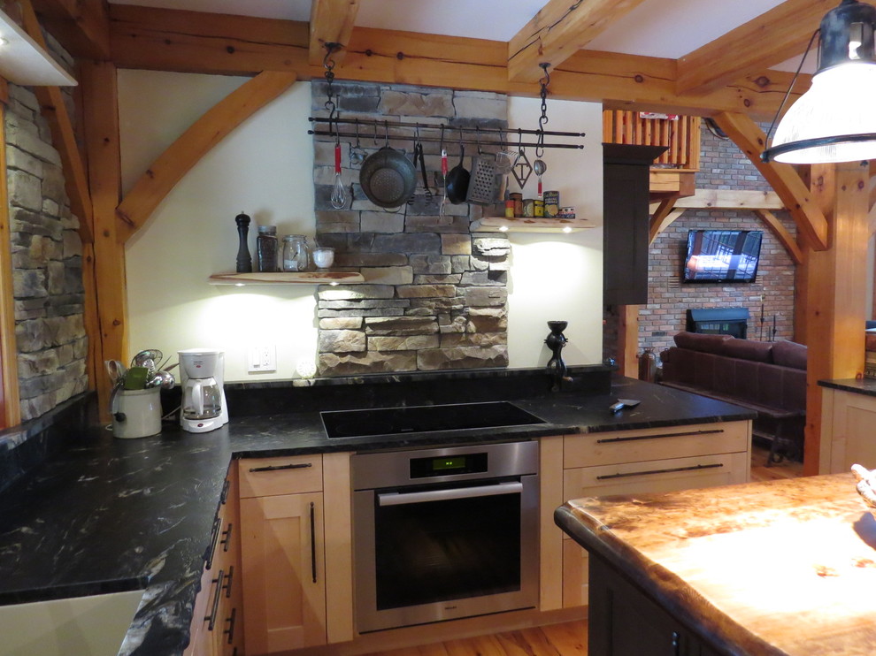 Eat-in kitchen - large rustic u-shaped light wood floor eat-in kitchen idea in Toronto with shaker cabinets, granite countertops, stone tile backsplash, an island, an undermount sink, light wood cabinets, gray backsplash and stainless steel appliances