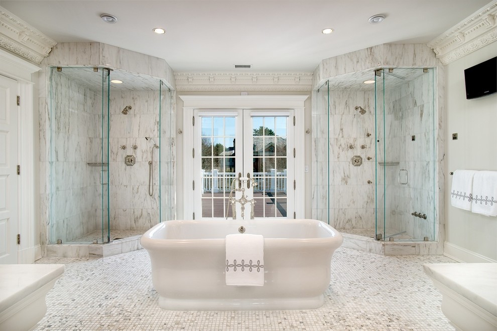 Freestanding bathtub - transitional master beige tile, white tile and mosaic tile mosaic tile floor freestanding bathtub idea with beige walls and a hinged shower door