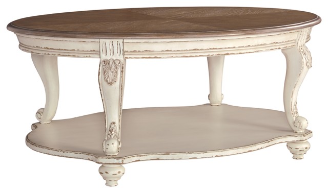 Realyn Oval Cocktail Table White/Brown Farmhouse