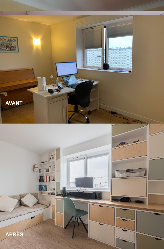 Idee per un ufficio minimal di medie dimensioni con pareti bianche, pavimento in laminato, scrivania incassata e pavimento beige