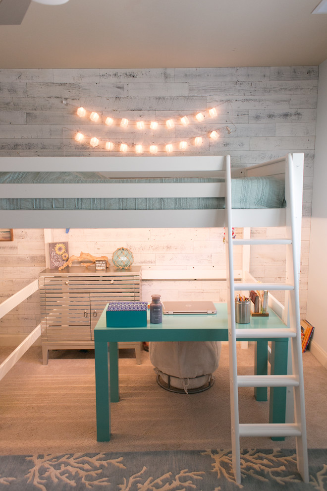 Inspiration for a large beach style kids' room for girls in Raleigh with blue walls, carpet and beige floor.