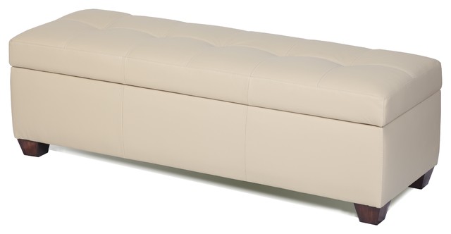 Genuine Leather Storage Bench In Bone Color Tufted Ottoman Bed
