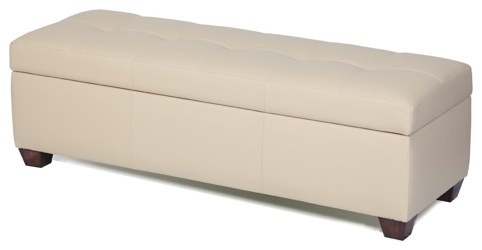 Genuine Leather Storage Bench In Bone Color, Tufted Ottoman, Bed Chest