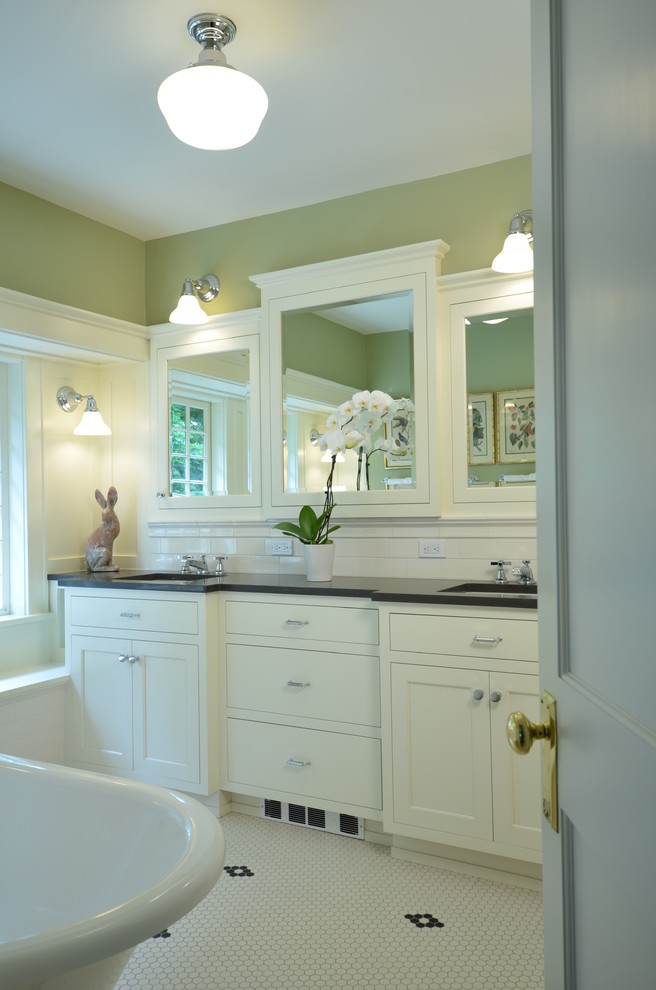 Design ideas for a small arts and crafts master bathroom in Portland with shaker cabinets, white cabinets, a claw-foot tub, an alcove shower, a two-piece toilet, white tile, subway tile, green walls, mosaic tile floors, an undermount sink and engineered quartz benchtops.
