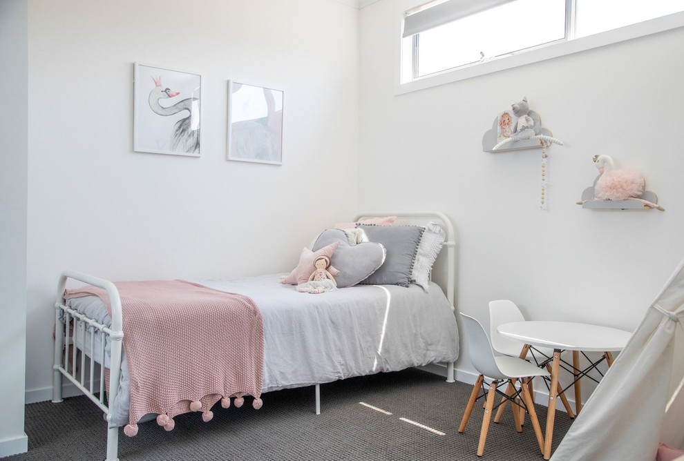 Small kids' bedroom in Other with white walls, carpet and grey floor for kids 4-10 years old and girls.