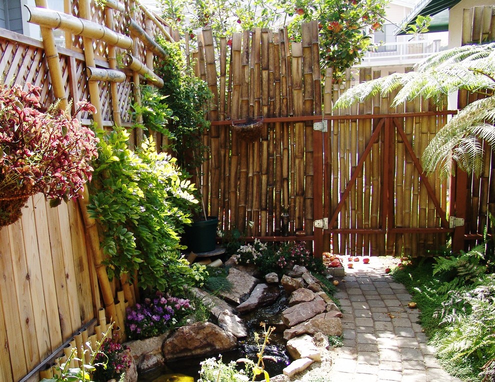 This is an example of a mid-sized tropical side yard garden in San Luis Obispo with with pond and concrete pavers.