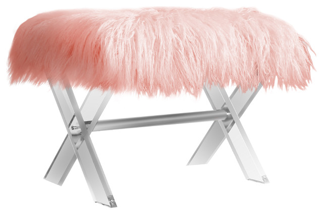 Cassandra Faux Fur X Leg Ottoman Bench Acrylic Contemporary