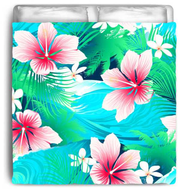Aqua and Pink Hibiscus Tropical Bedding,  Size Comforter