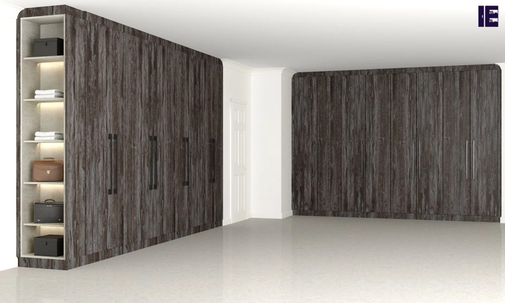 Design ideas for a large modern standard wardrobe in London with flat-panel cabinets, dark wood cabinets and feature lighting.