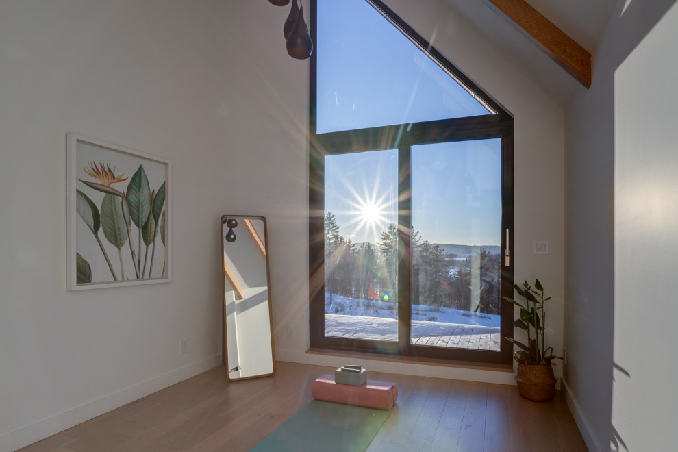 Foto på ett mellanstort minimalistiskt hemmagym, med vita väggar och ljust trägolv