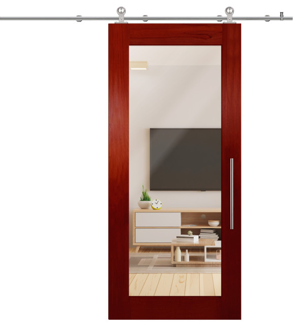 Mirror Solid Mahogany Sliding Barn Door with Mirror Insert, 34"x81