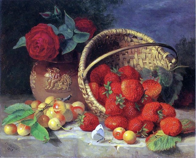 Eloise Harriet Stannard A Basket of Strawberries, Cherries, a Butterfly and Red