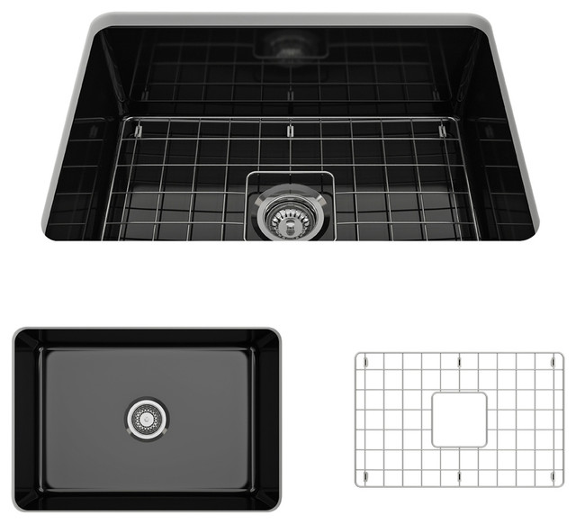 Bocchi Sotto 27 Black Fireclay Single Undermount Kitchen Sink With Grid
