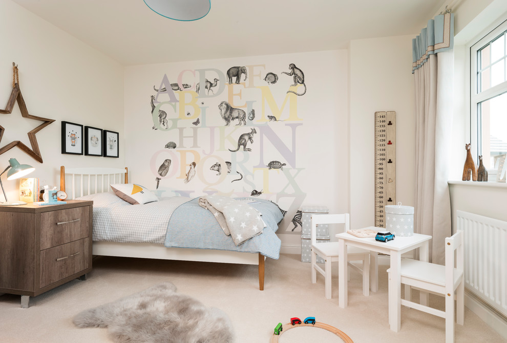 Photo of a mid-sized transitional gender-neutral kids' bedroom for kids 4-10 years old in Other with carpet and beige floor.
