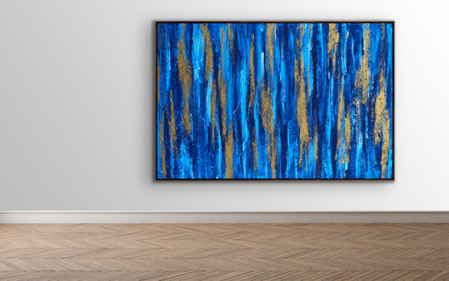 60x36" Blue Abstract Painting Original Large Contemporary Gold Wall Art Decor