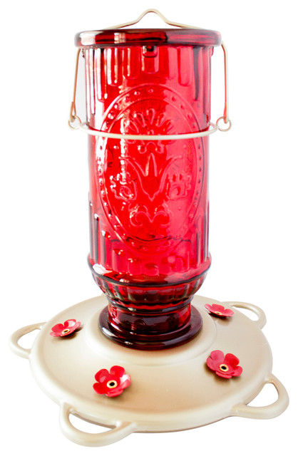 Vintage Red Glass Hummingbird Feeder Easy To Fill Clean