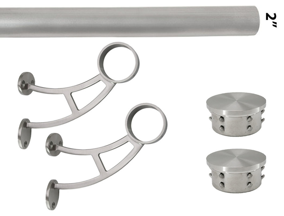 Bar Foot Rail Kit: Stainless 2 OD Tubing, Bar Mount Foot Rail Bracket, End Cap, 7', Flat End Cap