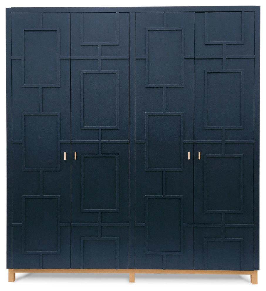 Large eclectic gender-neutral built-in wardrobe in Essex with beaded inset cabinets and blue cabinets.