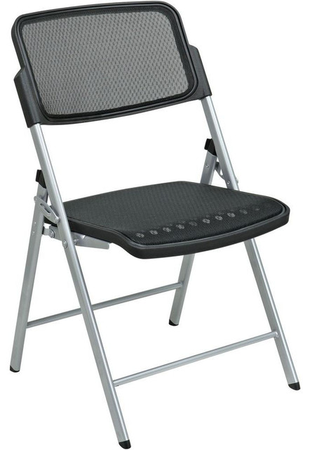 Deluxe Folding Chair With Black ProGrid Seat and Back and Silver Finish - Set of