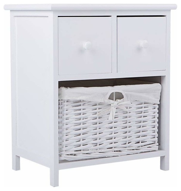 Bedside Table, White Finished Wood With 2 Storage Drawers and Wicker Basket