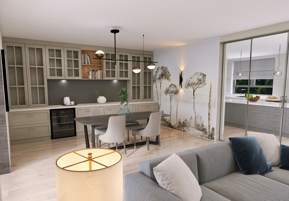 Inspiration for a large contemporary kitchen/dining room in Rennes with beige walls, light hardwood flooring, a standard fireplace, a concrete fireplace surround, beige floors and feature lighting.