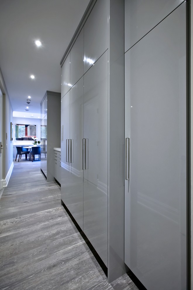 This is an example of a mid-sized contemporary hallway in Toronto with grey walls, dark hardwood floors and grey floor.