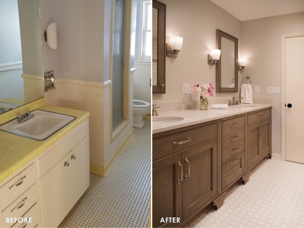Example of a mid-sized transitional master mosaic tile floor and beige floor bathroom design with furniture-like cabinets, medium tone wood cabinets, beige walls, an undermount sink, quartz countertops and beige countertops