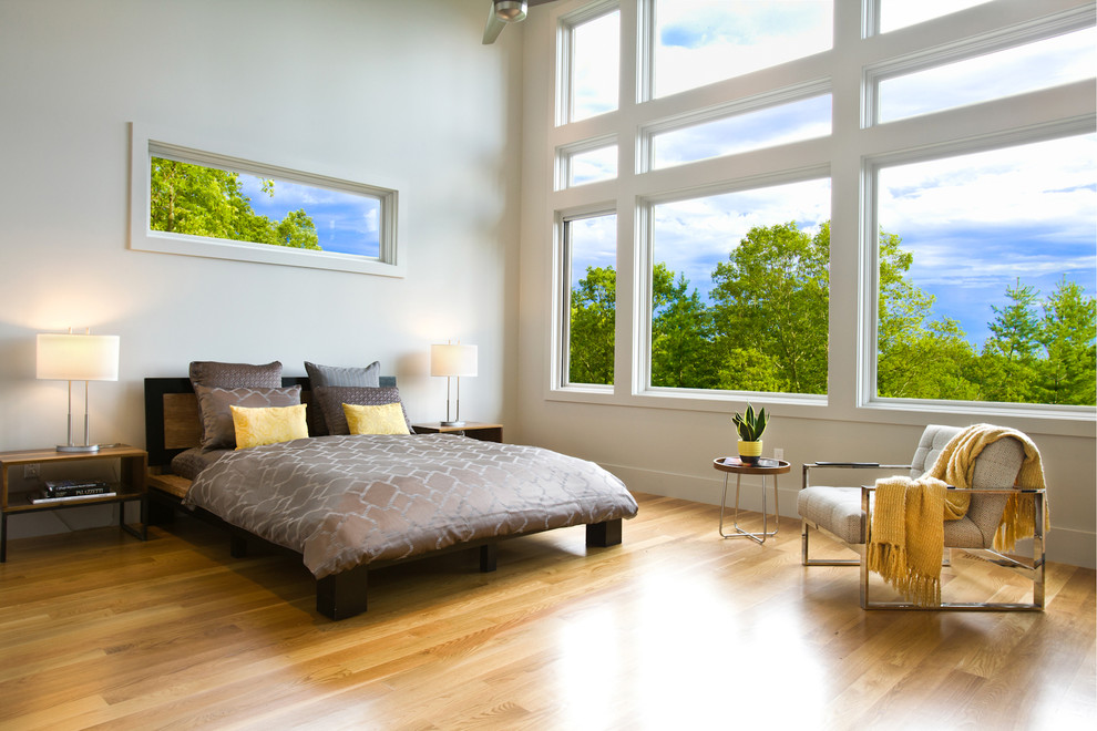 This is an example of a mid-sized contemporary bedroom in Charlotte with white walls and light hardwood floors.
