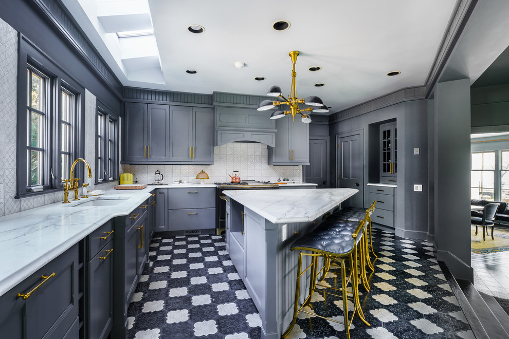 Inspiration for a large transitional l-shaped separate kitchen in New York with quartz benchtops, grey splashback, mosaic tile splashback, grey cabinets, with island, ceramic floors, multi-coloured floor, a single-bowl sink, recessed-panel cabinets, panelled appliances and white benchtop.