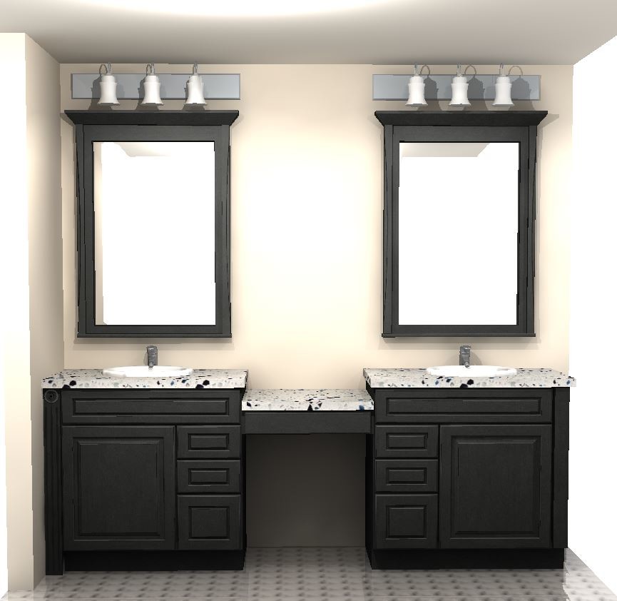 Mid-sized transitional master bathroom in Tampa with raised-panel cabinets, black cabinets, a drop-in tub, beige tile, beige walls, ceramic floors, recycled glass benchtops and grey floor.