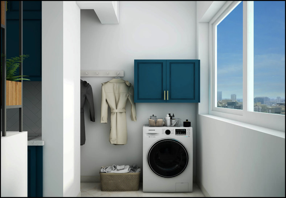 This is an example of a large traditional laundry room in Bengaluru with beige walls, marble floors, beige floor, recessed and decorative wall panelling.