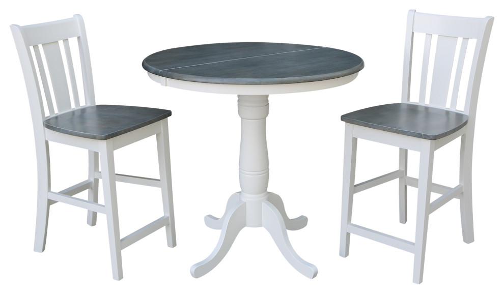 36" Round Extension Dining Table With San Remo Counter Height Stools, White/Heather Gray, 3 Piece