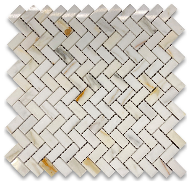 Calacatta Gold Calcutta Marble Herringbone Mosaic Tile Polished, 1 sheet