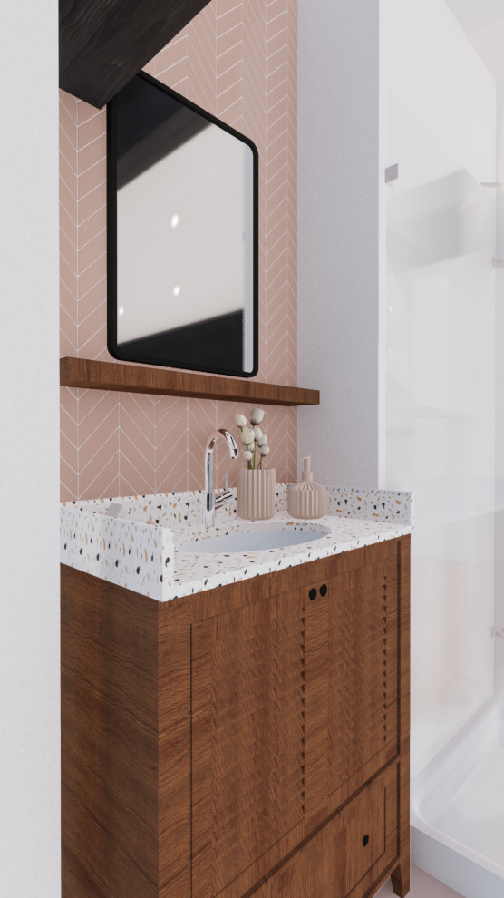 На фото: маленькая, узкая и длинная ванная комната в скандинавском стиле с коричневыми фасадами, унитазом-моноблоком, розовой плиткой, керамической плиткой, зелеными стенами, паркетным полом среднего тона, врезной раковиной, столешницей терраццо, бежевым полом, белой столешницей, тумбой под одну раковину, напольной тумбой, балками на потолке и обоями на стенах для на участке и в саду